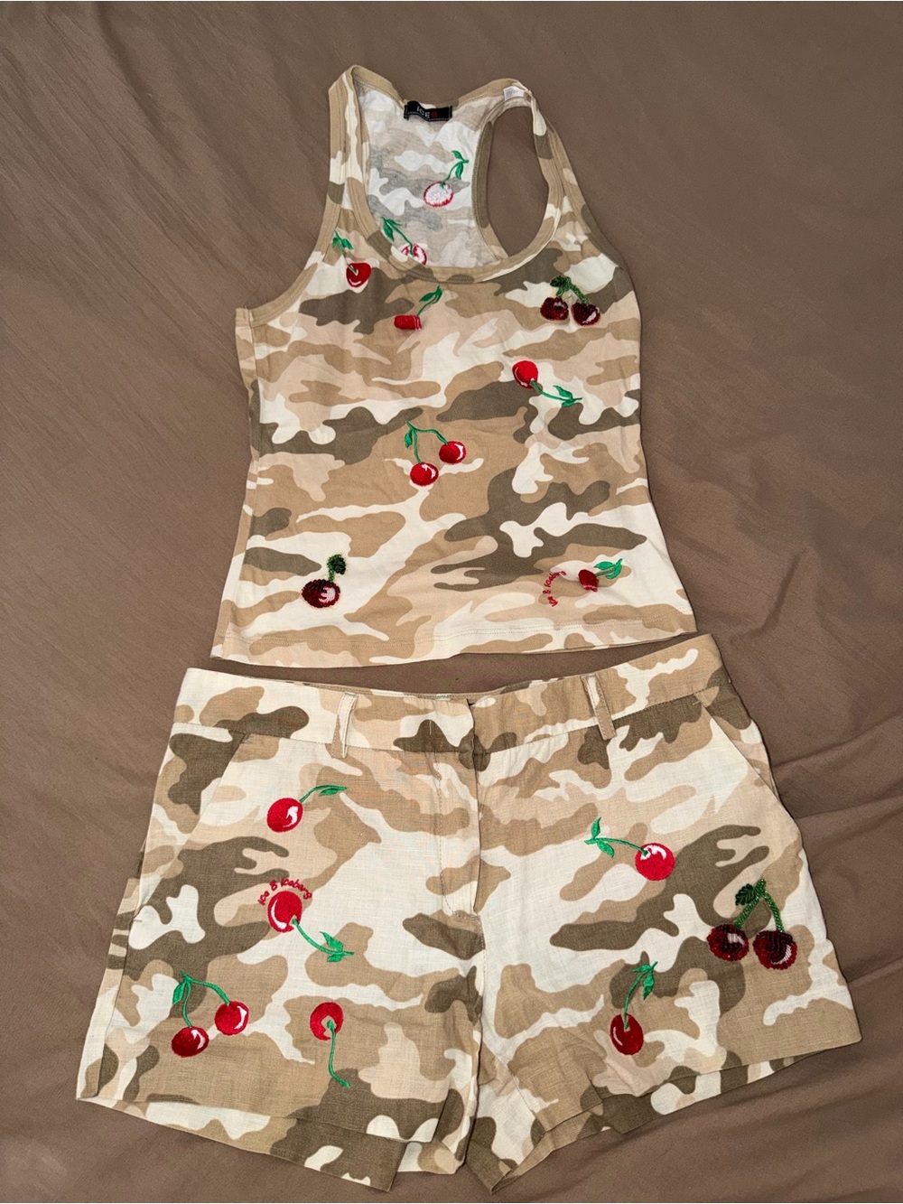 Iceberg Beige Camo Tank with Green Embroidered Cherry